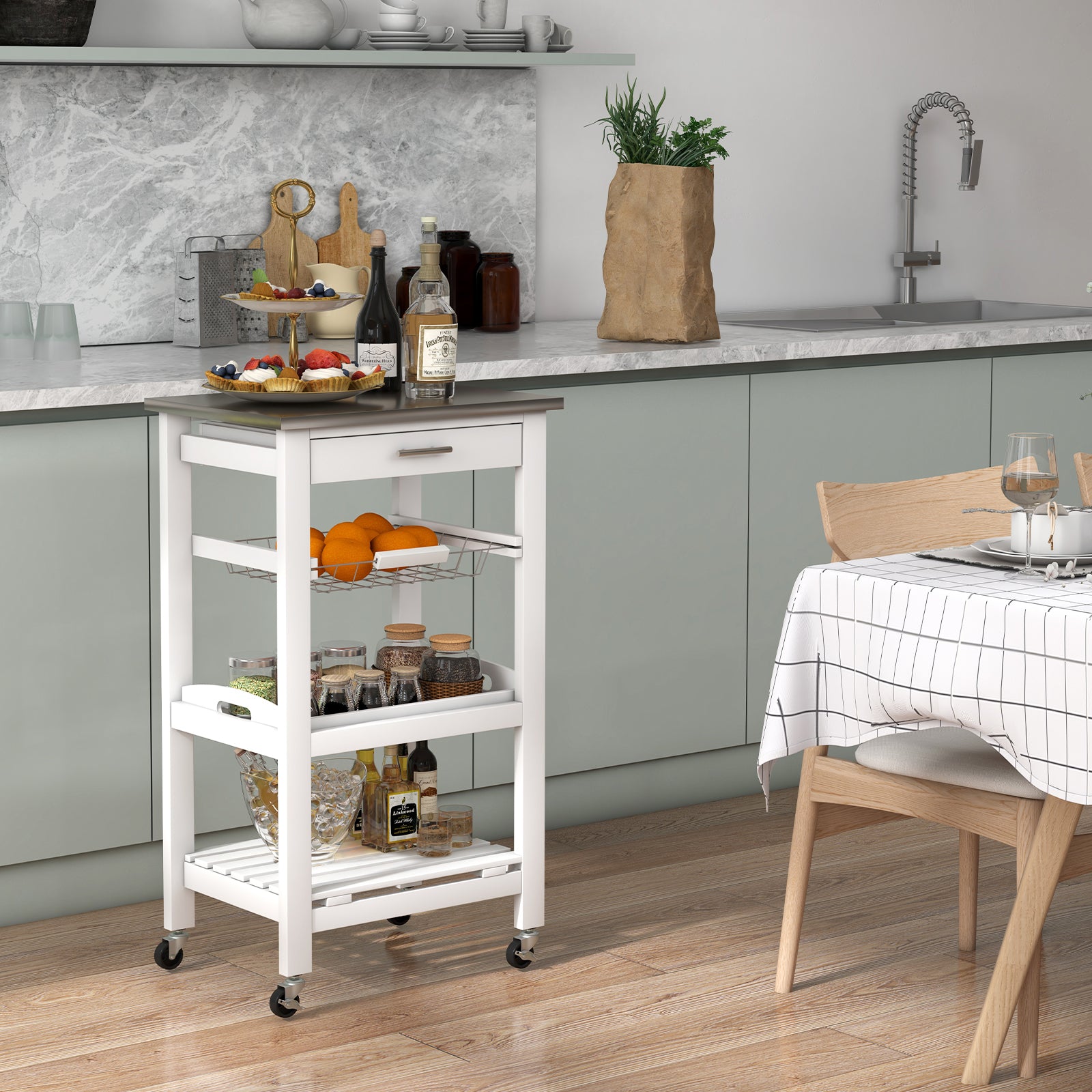 4-Tier Rolling Trolley Cart with Lock Wheels Basket and Drawer-White