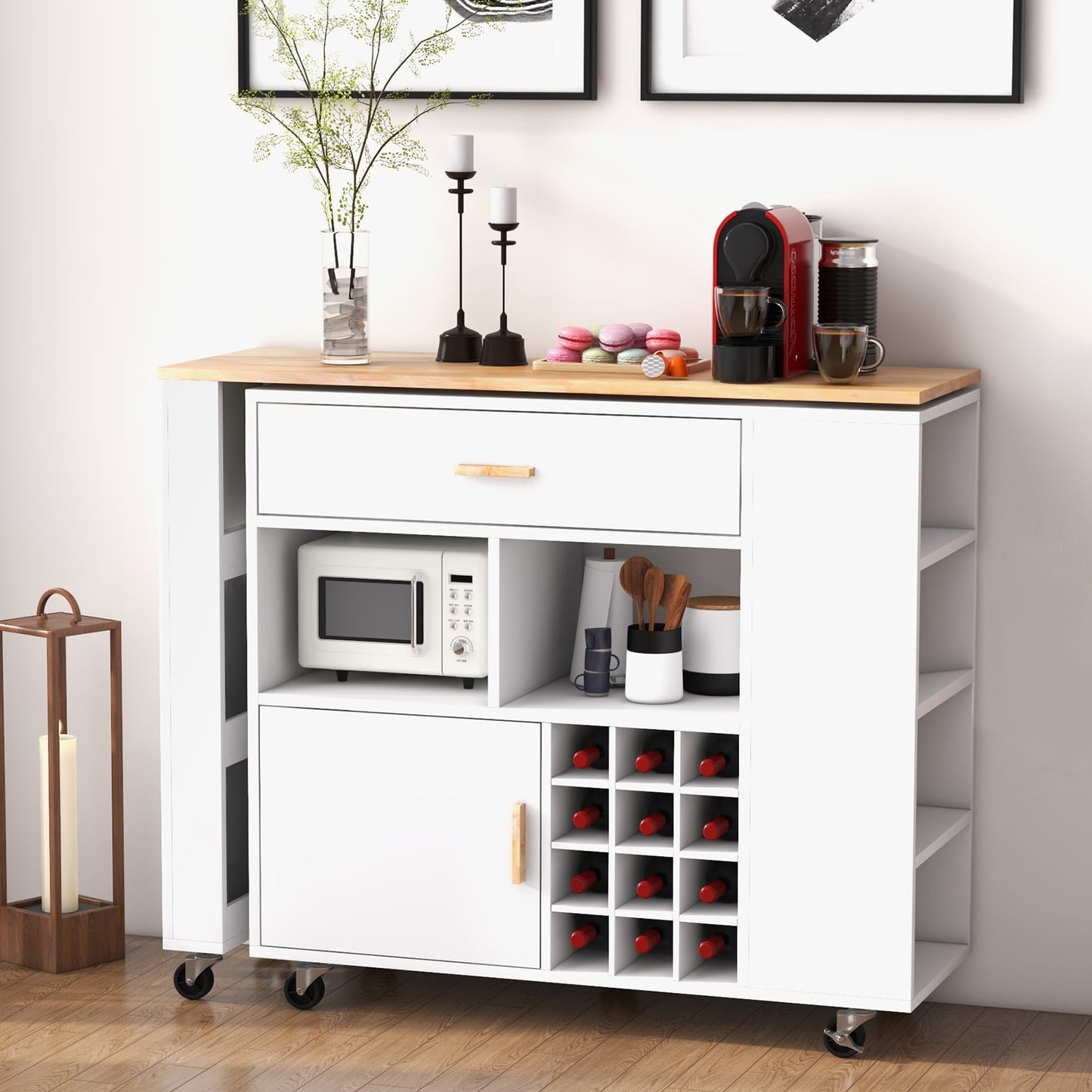 2-in-1 Kitchen Island Cart with Rubber Wood Top-White
