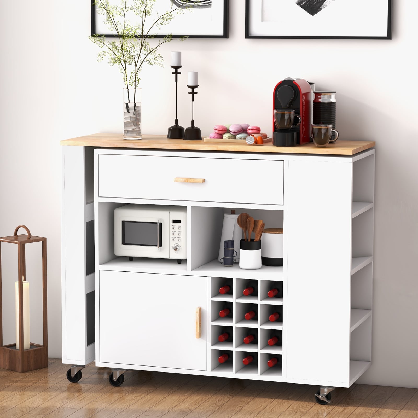 2-in-1 Kitchen Island Cart with Rubber Wood Top-White