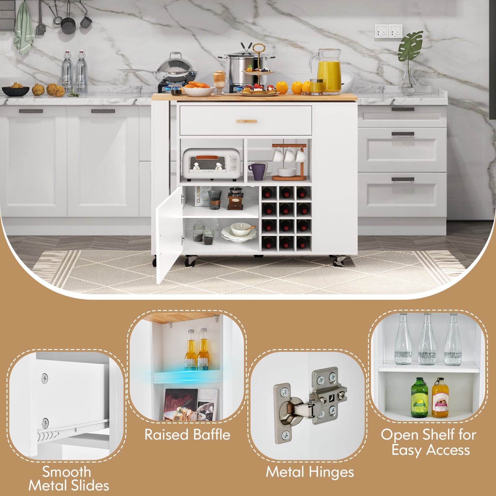 2-in-1 Kitchen Island Cart with Rubber Wood Top-White
