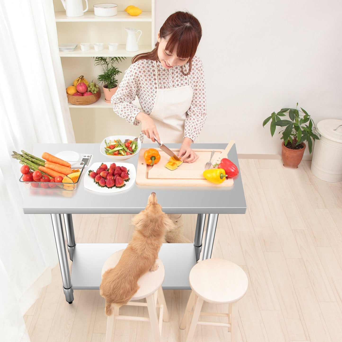 Kitchen Table with Height Adjustable Shelf and Adjustable Feet-61 x 91 cm