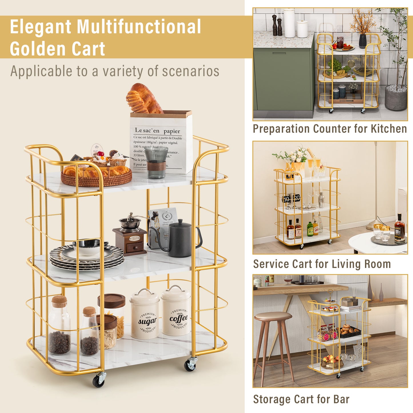 3-Tier Rolling Buffet Serving Cart with Lockable Wheels and Handles-Golden