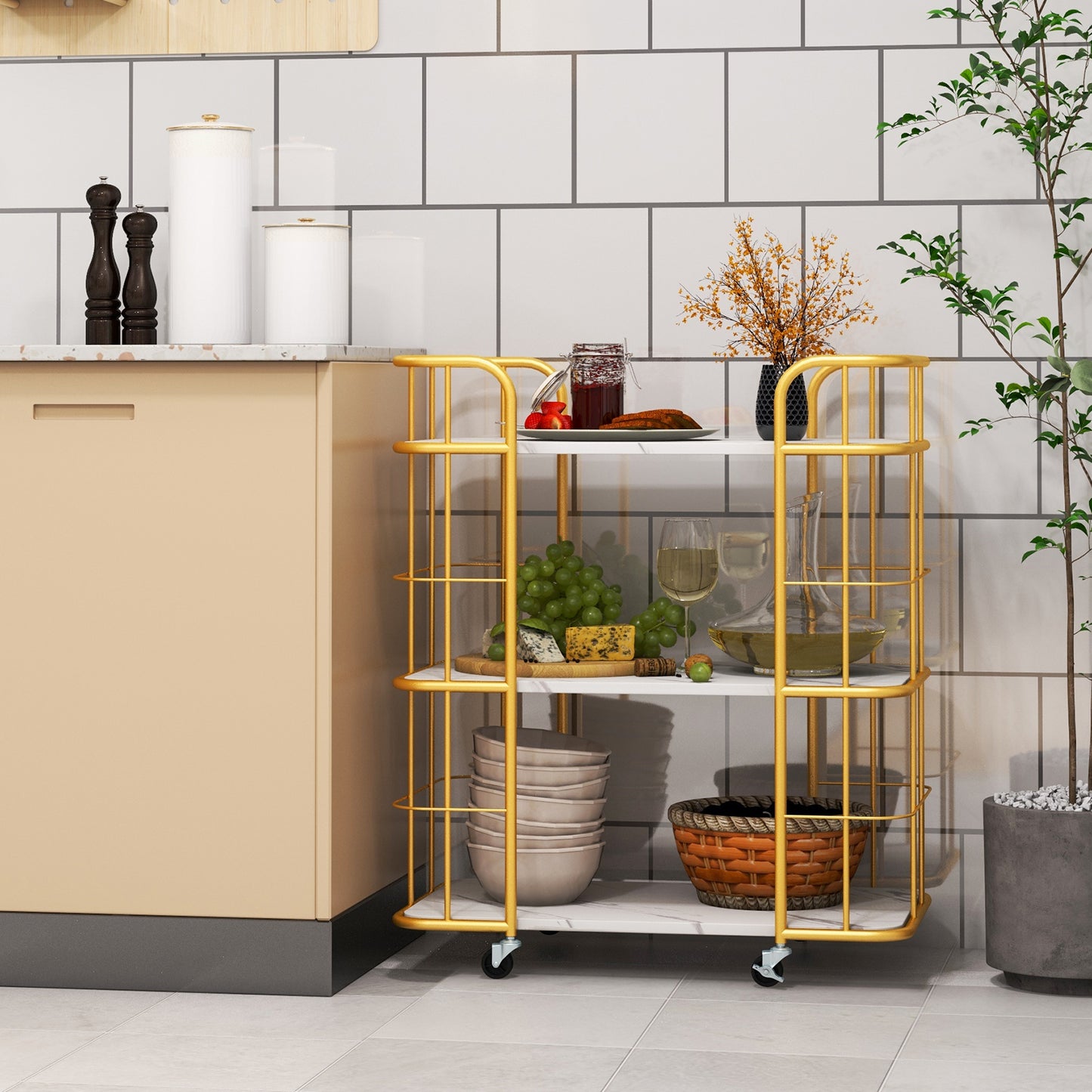 3-Tier Rolling Buffet Serving Cart with Lockable Wheels and Handles-Golden
