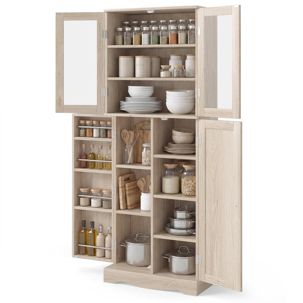 Kitchen Pantry Storage Cabinet with Glass Doors and Storage Shelves-Natrual