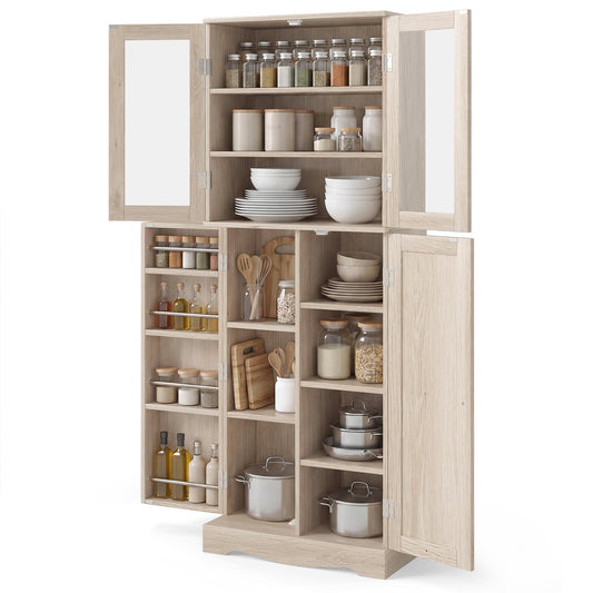 Kitchen Pantry Storage Cabinet with Glass Doors and Storage Shelves-Natrual