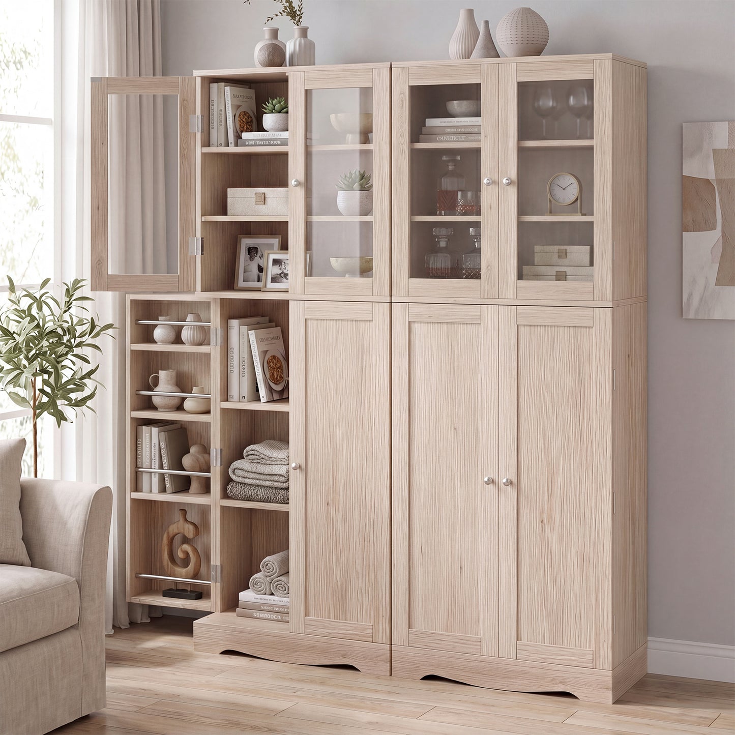 Kitchen Pantry Storage Cabinet with Glass Doors and Storage Shelves-Natrual