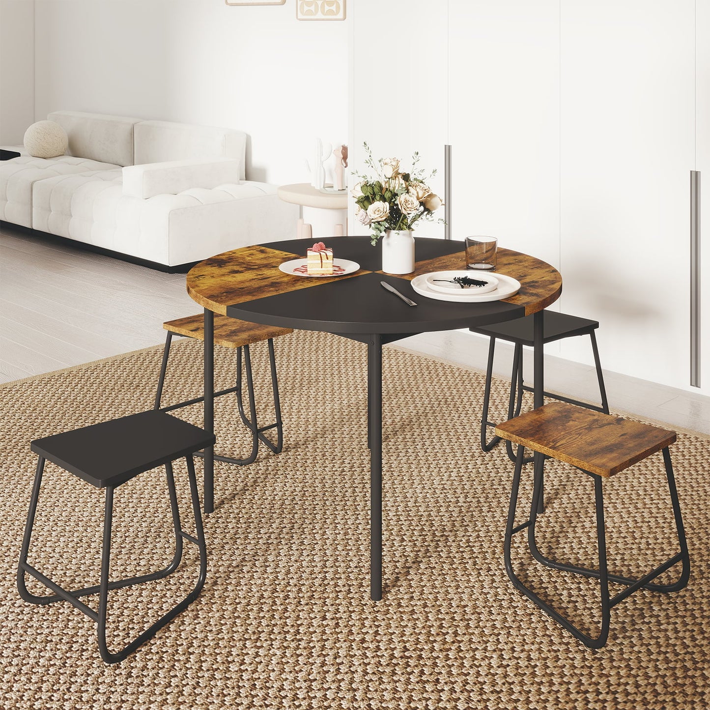 118cm Round Kitchen Table and 4 Stools with Wooden Tabletop-Rustic Brown
