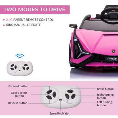 12V Battery-powered Kids Electric Ride On Car Lamborghini SIAN Toy with Parental Remote Control Lights MP3 for 3-5 Years Old Pink