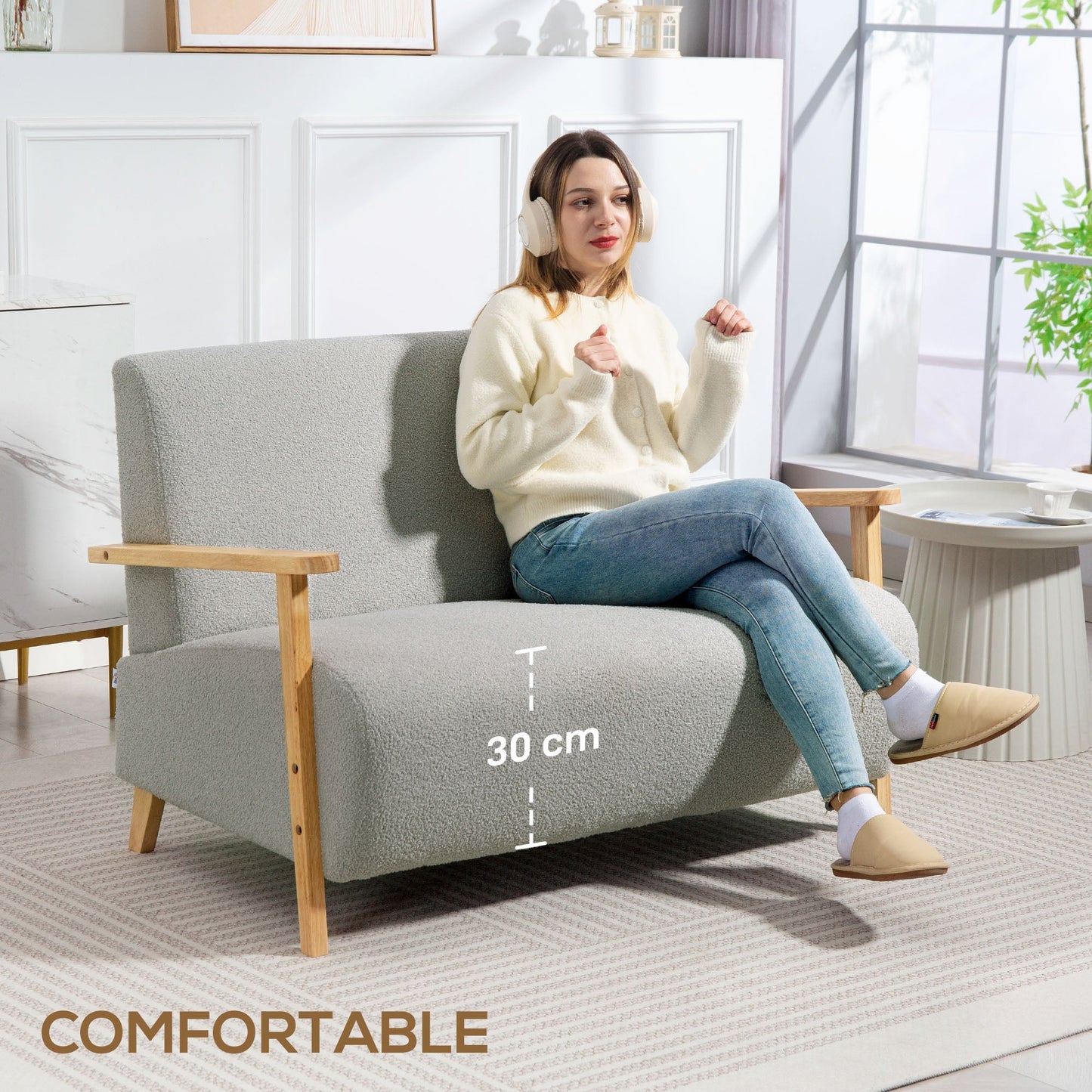 HOMCOM Small Sherpa Fabric 2 Seater Sofa Settee - Light Grey