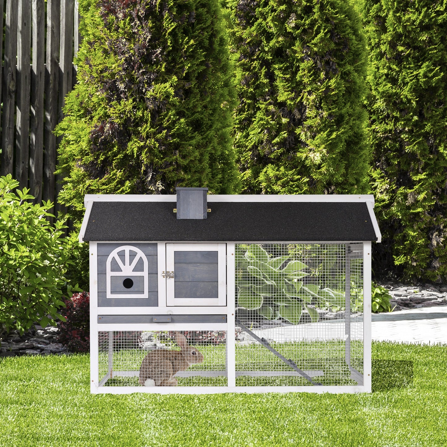 PawHut Wooden Rabbit Hutch and Run with Sliding Tray, Ramp, Water-resistant Roof, for 2-4 Rabbits, Grey