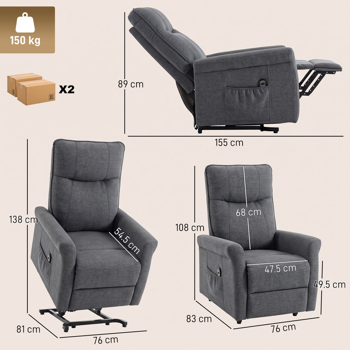 HOMCOM Power Lift Chair, Chenille Rise and Recliner Armchair with Pocket Spring, Footrest, Remote for Living Room, Dark Grey