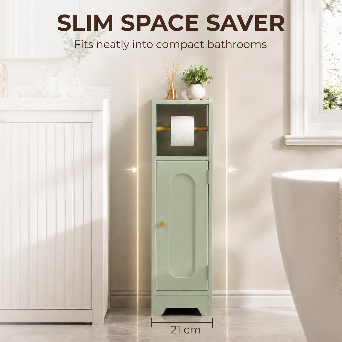 HOMCOM Small Bathroom Storage Cabinet with Toilet Roll Holder - Light Green