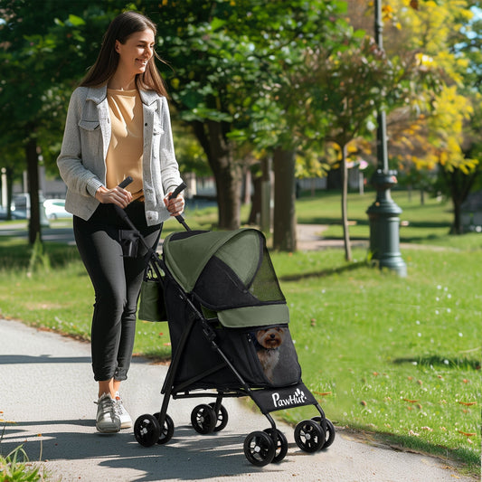 PawHut Foldable Dog Stroller, Lightweight Dog Pram w/ Shoulder Strap, Storage Bag, Cup Holder, Dark Green