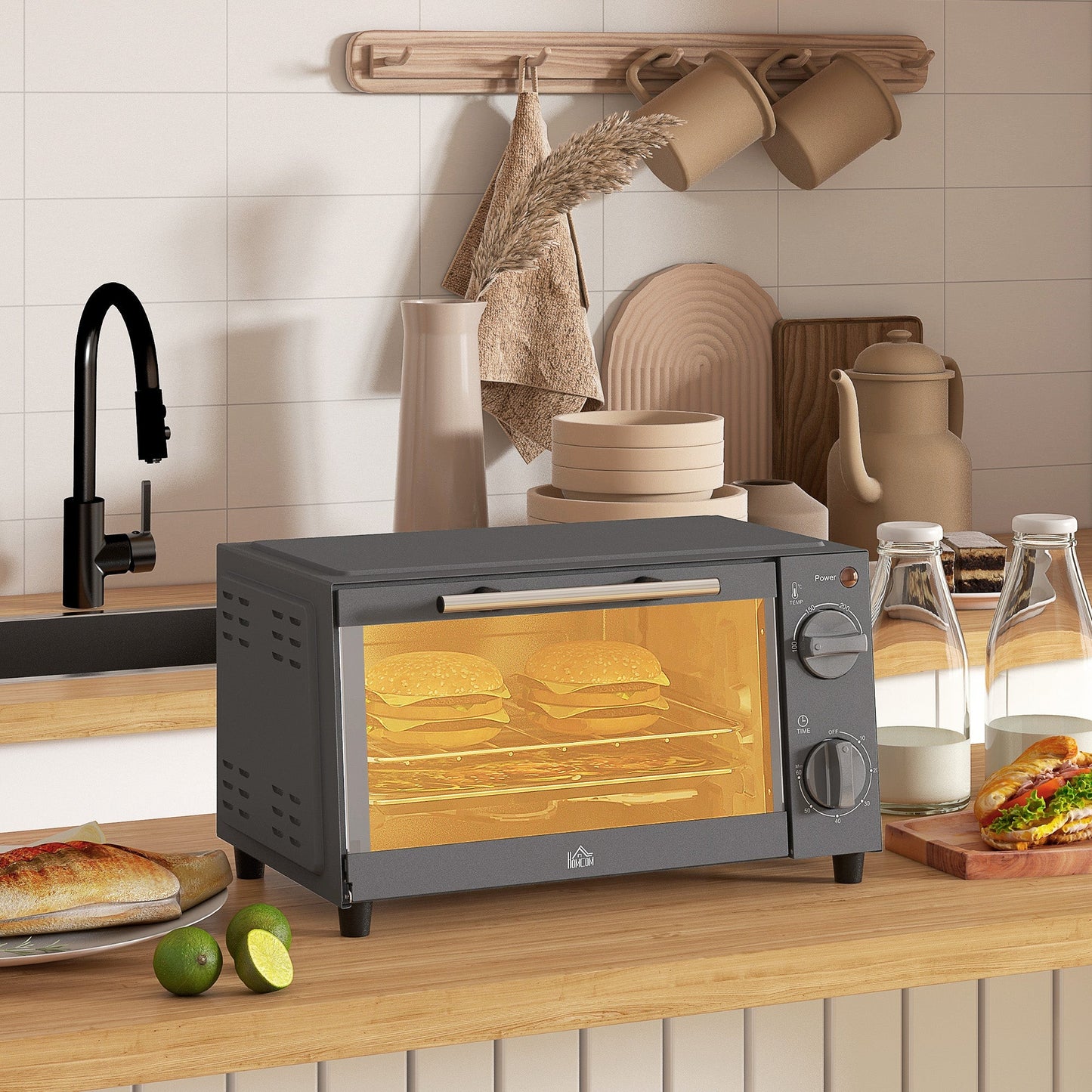 HOMCOM Mini Oven, 9L Countertop Electric Grill, Toaster Oven with Adjustable Temperature, Timer, Dishwasher Safe Baking Tray and Wire Rack, 750W, Grey