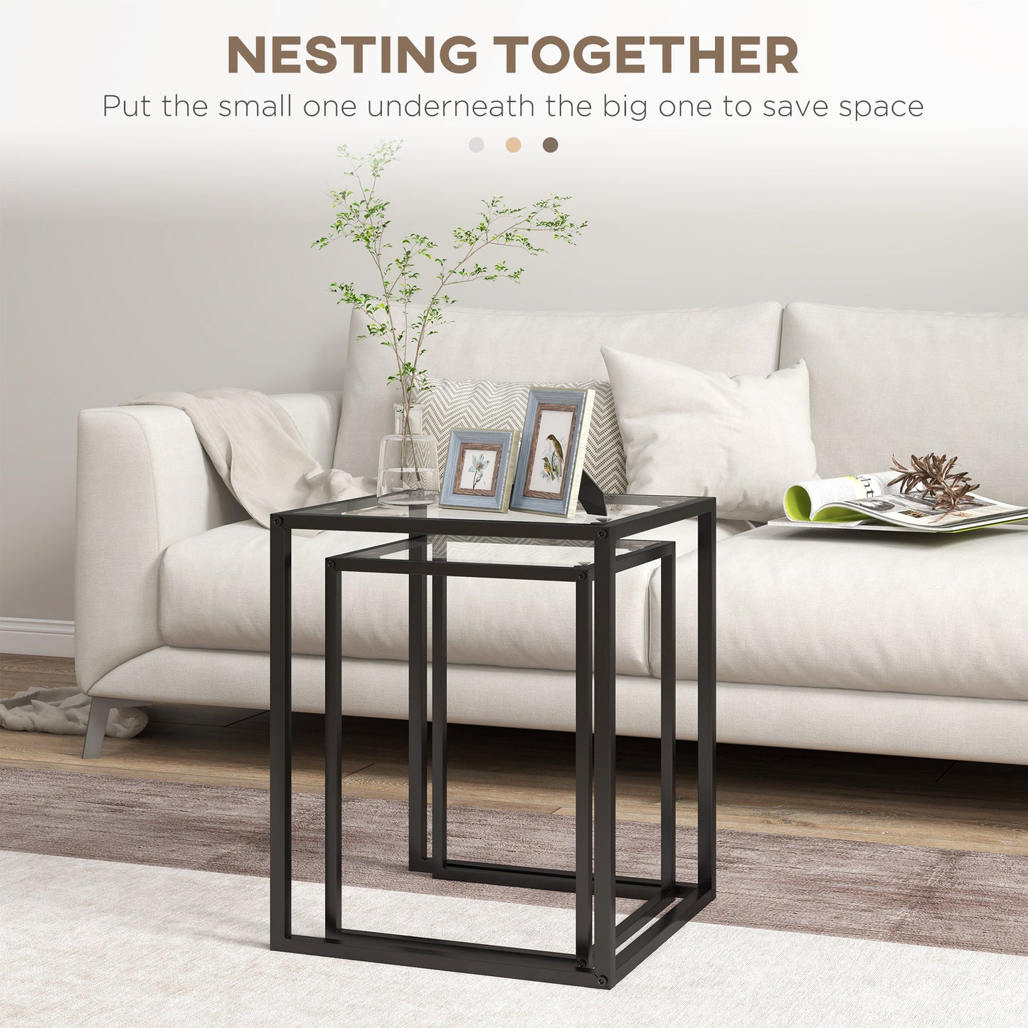 HOMCOM Nesting Tables Set of 2, Side End Table with Tempered Glass Top and Steel Frame for Living Room, Bedroom, Black