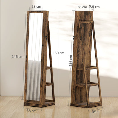 HOMCOM 360  Swivel Jewellery Cabinet, Free Standing Full Length Mirror with Storage, Lockable Jewellery Organiser with Built-in Makeup Mirror and Storage Shelves for Bedroom, Rustic Brown