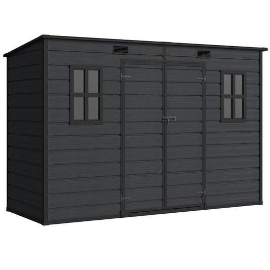 Outsunny 10 x 4 ft Resin Garden Shed, Outdoor Storage Shed with Floor, Windows, Lockable Doors and Vents, Dark Grey