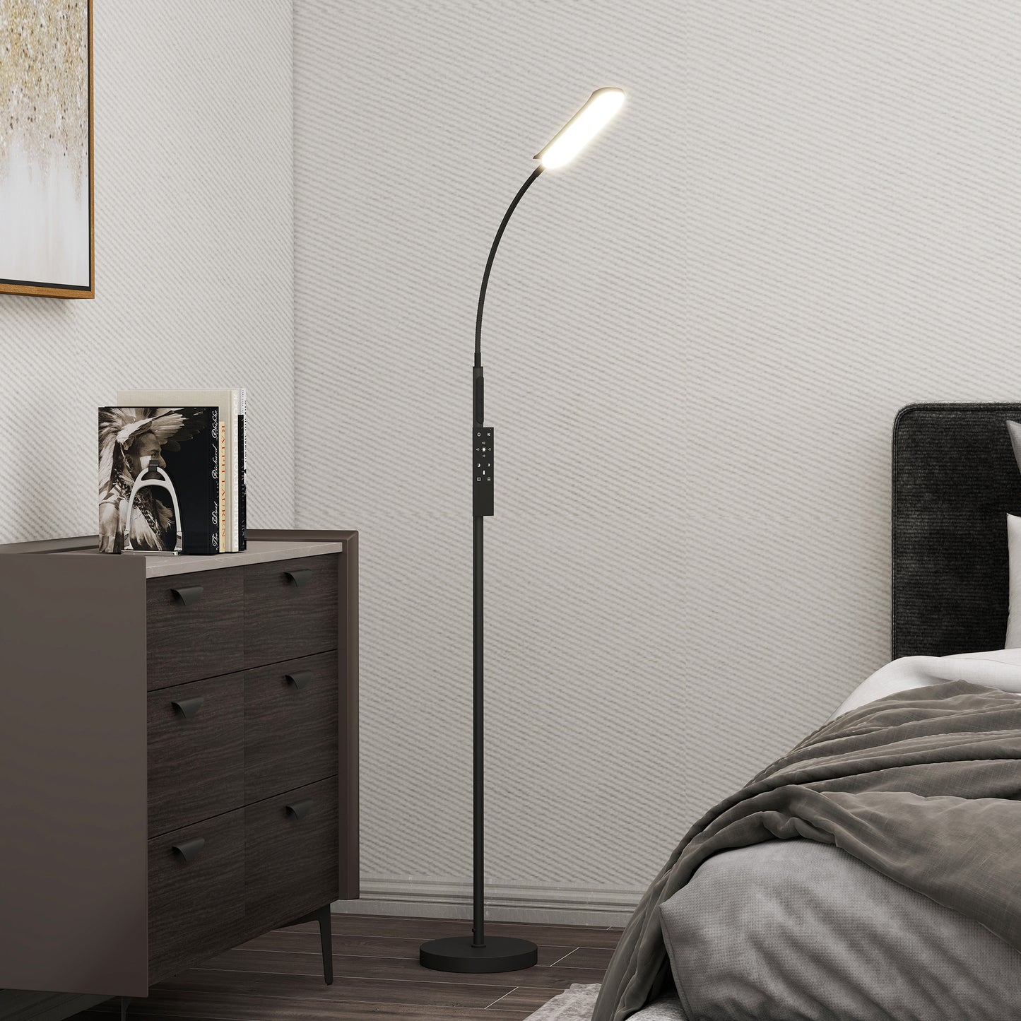 HOMCOM LED Floor Lamp, Standing Lamp with Remote & Touch Control, Stepless Dimmable Colours Temperature & Brightness, 360Â° Adjustable Gooseneck, 1 Hour Timer, Memory Function for Living Room, Black