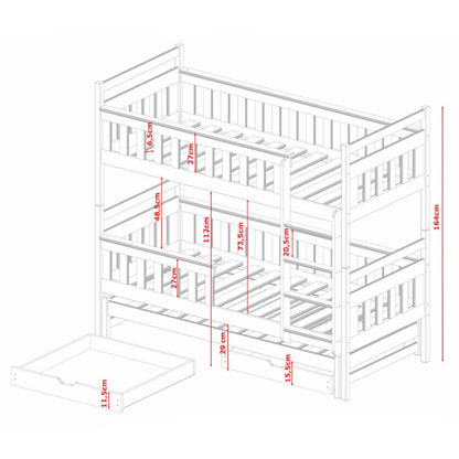 White wooden bunk bed with dimensions marked on a white background