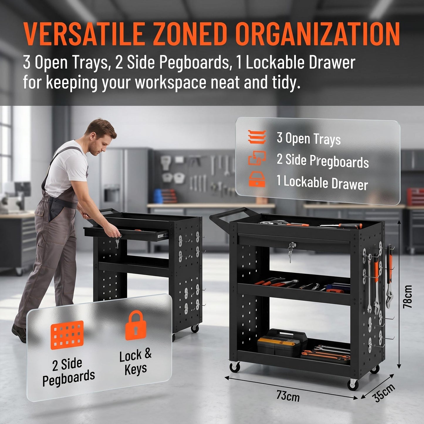 HOMCOM Tool Cart with Lockable Wheels, Rolling Workshop Cart with 3-Tier Trays, Drawer, Pegboards, Black