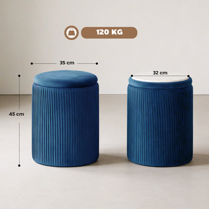 HOMCOM Storage Ottoman Modern Velvet Round Foot Stool for Living Room Bedroom 45 cm Blue