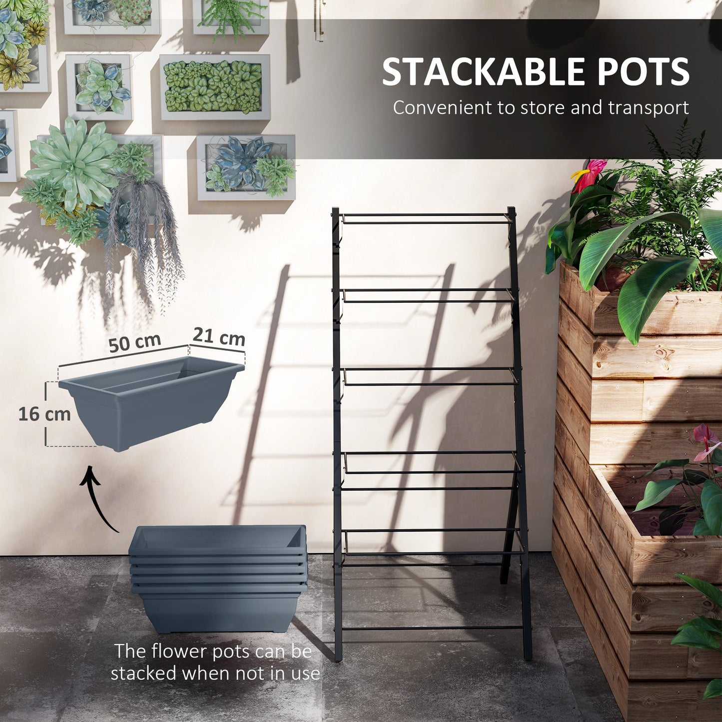 Outsunny 5-Tier Raised Garden Bed, Vertical Ladder Plant Stand with 5 Removable Boxes, Drainage Holes and Plugs, Indoor Outdoor Elevated Flower Herb Growing Box for Garden Patio Balcony, Grey