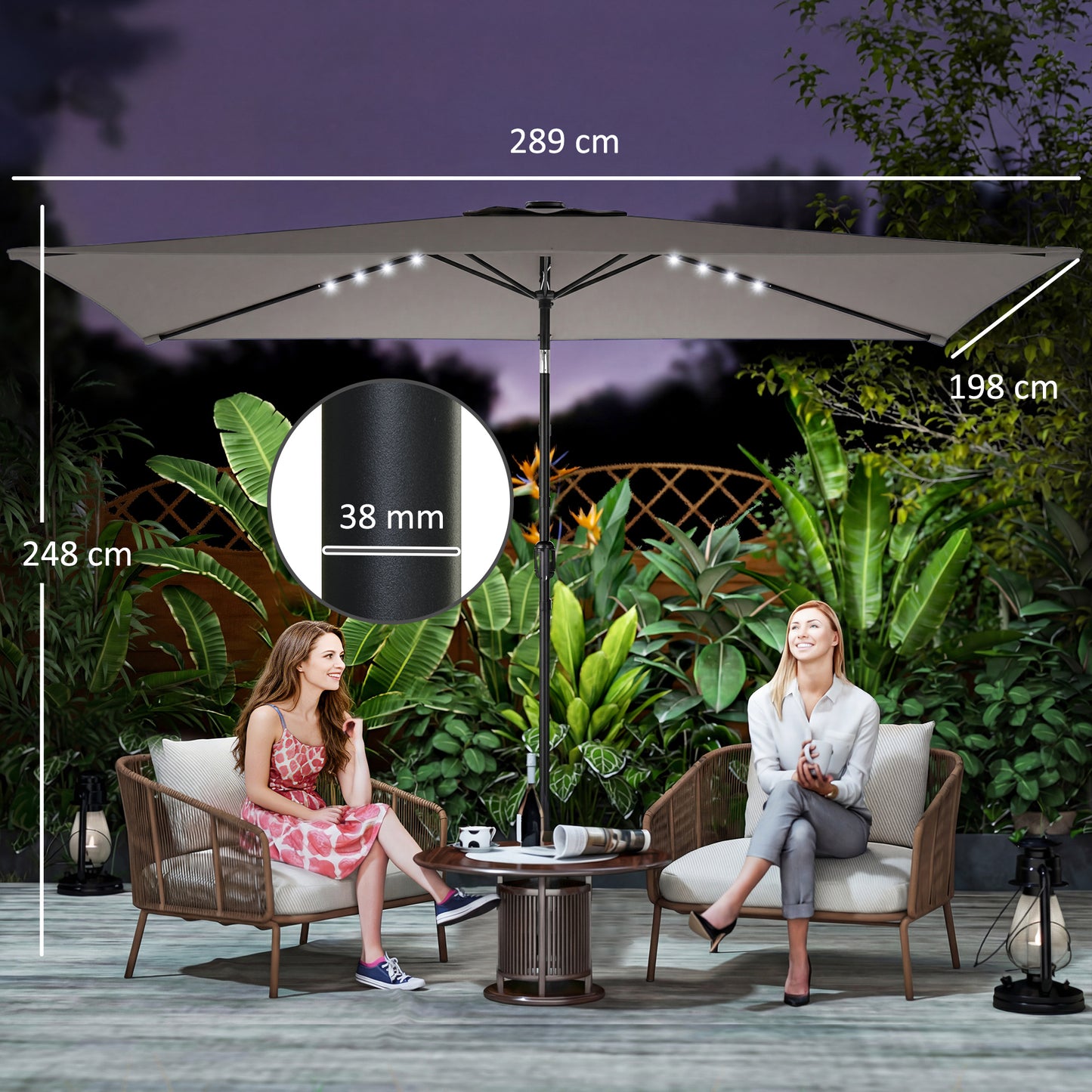 Outsunny 3 x 2 m Garden Parasol Umbrella with LED Solar Light, Parasol Cover, Outdoor Market Patio Umbrella, Dark Grey