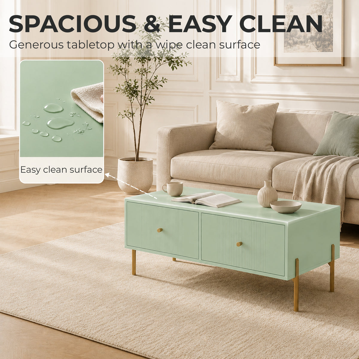 HOMCOM Modern Coffee Table, Living Room Table with Storage, 2 Drawers and Metal legs for Bedroom, Light Green