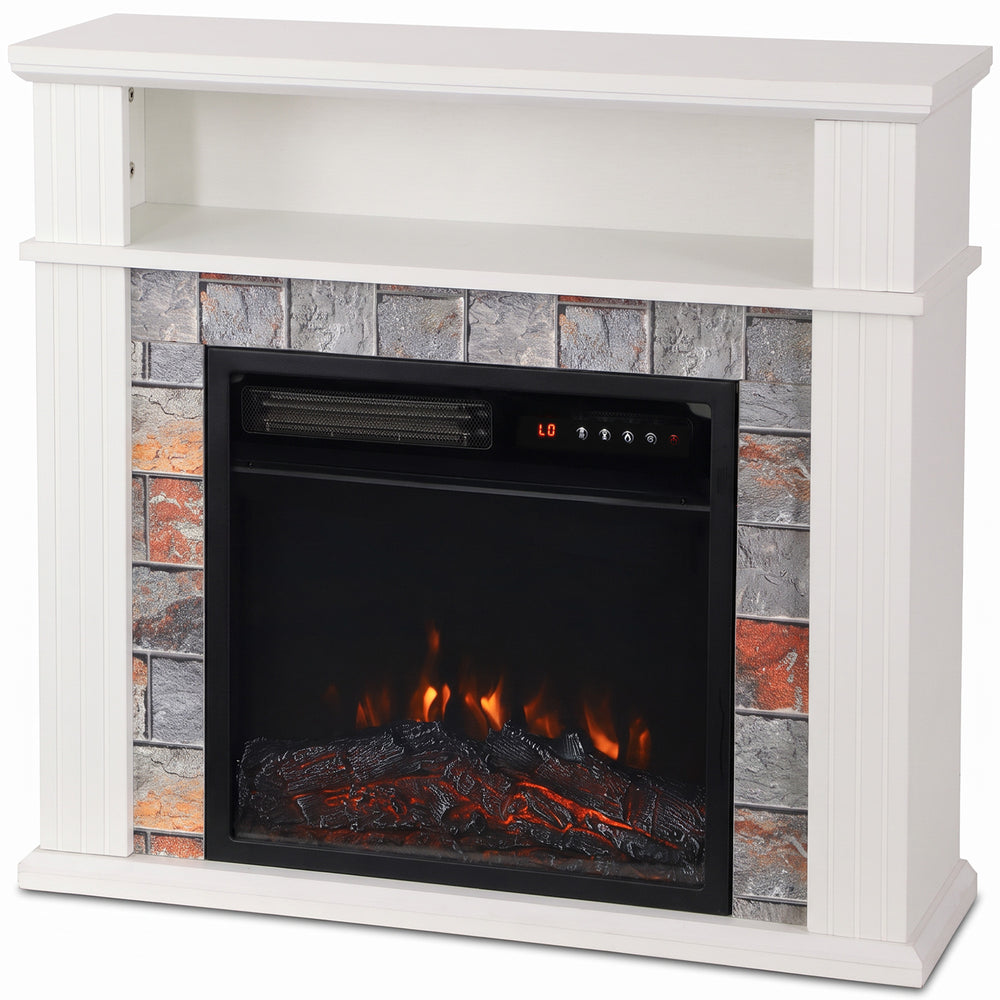 HOMCOM Freestanding Electric Fireplace Suite, 1800W, Open Shelf, Electric Fire and Surround with LED Flame, Remote, White