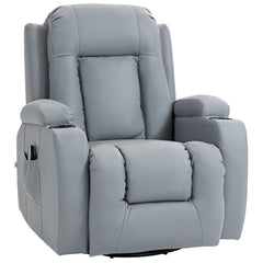 HOMCOM Massage Recliner Chair with 8 Vibration & Heat, PU Leather Recliner Armchair with Cup Holders and Side Pockets, Manual Reclining Chair with Remote, 360 Swivel, Rocking, Light Grey