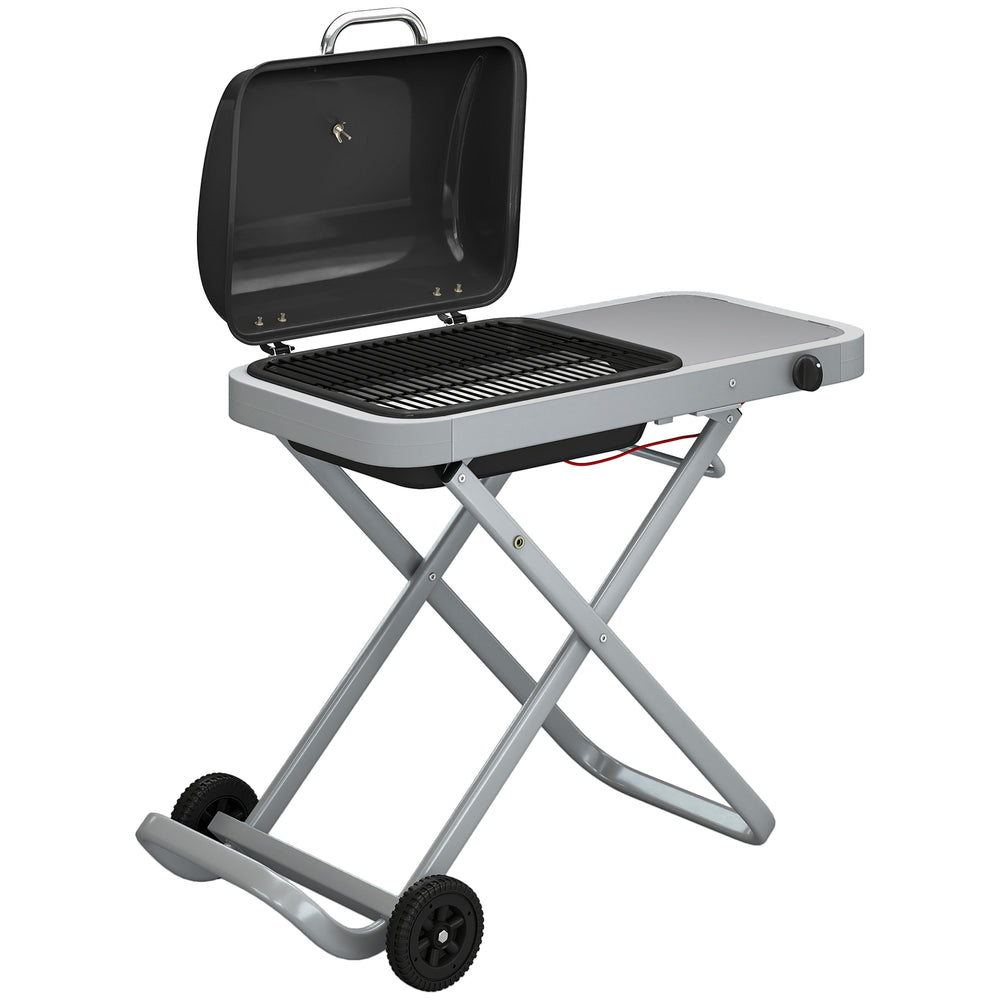 Outsunny Foldable Gas BBQ Grill with Side Table, Portable Gas Barbecue Grill with Thermometer, Grease Box, Wheels, 2.5 kW, Black