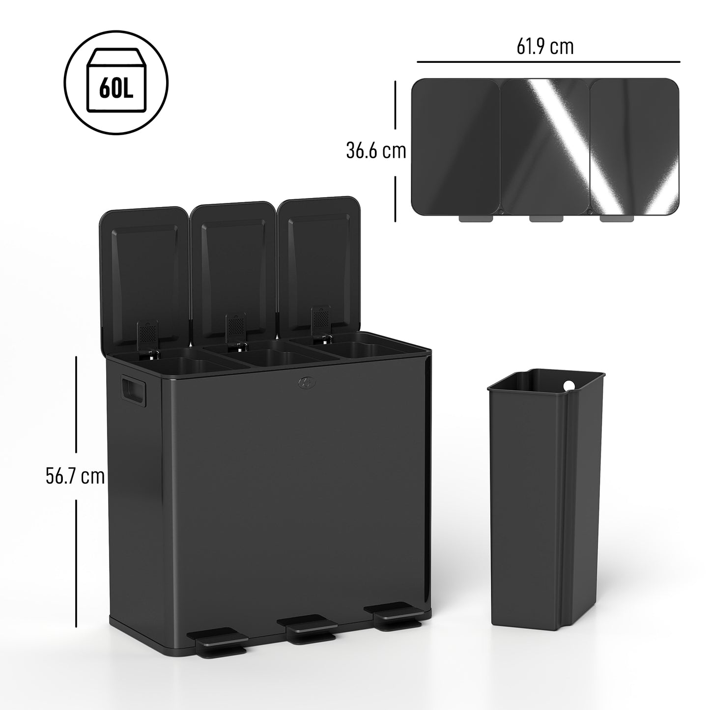 HOMCOM 3 x 20L Pedal Bin, Steel Triple Kitchen Bin with Soft Close Lid, Removable Inner Buckets, Fingerprint-Proof, Black