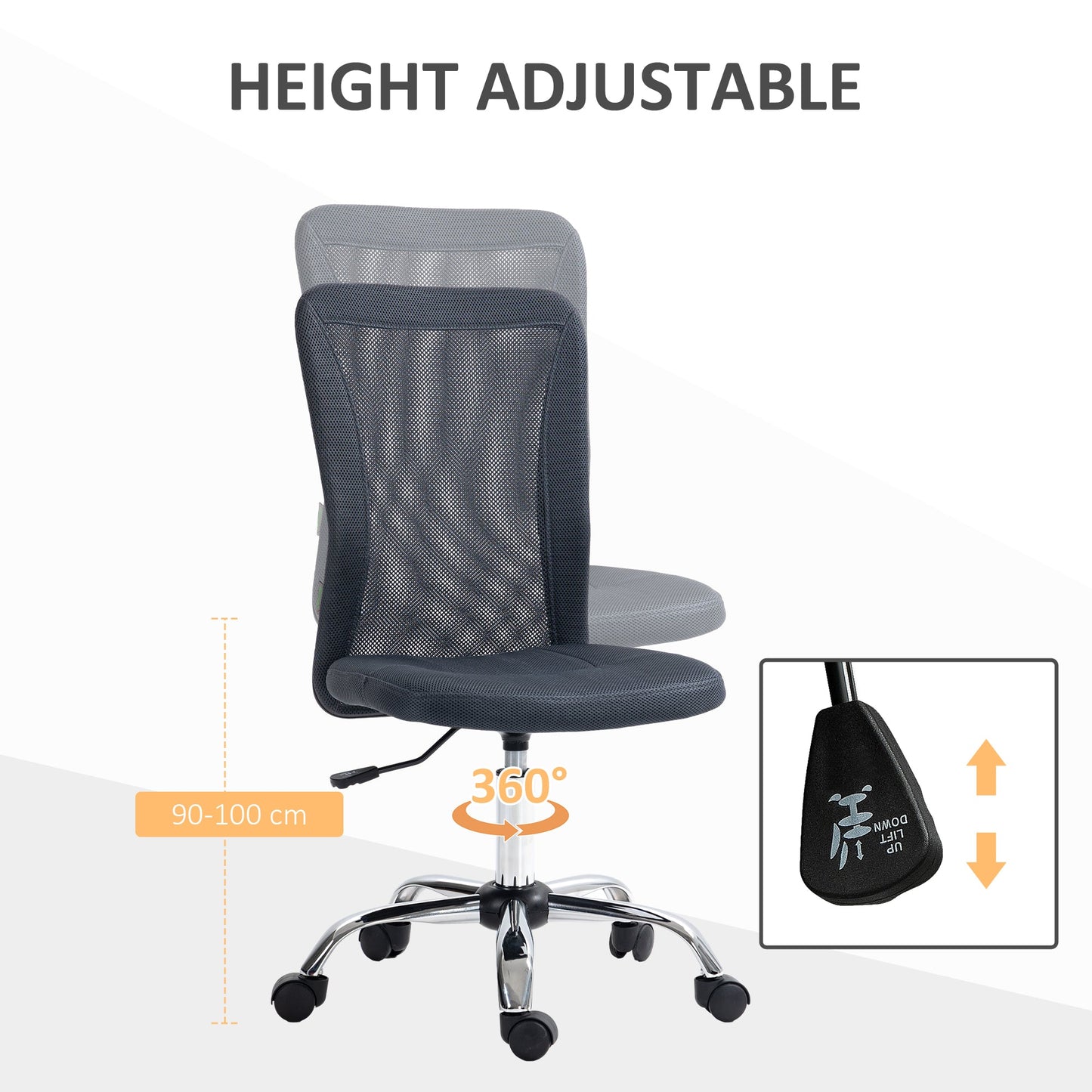 Vinsetto Computer Desk Chair, Mesh Office Chair with Adjustable Height and Swivel Wheels, Armless Study Chair, Dark Grey