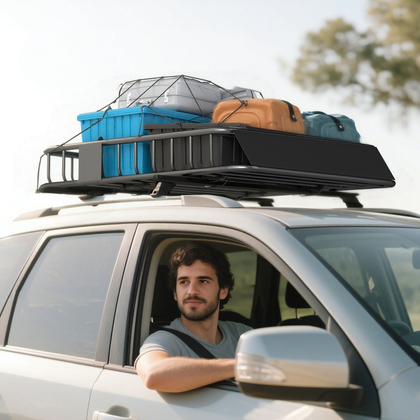 HOMCOM Universal Roof Rack Basket Tray, 90.7 kg Steel Car Rooftop Luggage Cargo Carrier Holder with Wind Fairing, Side Rails for SUVs, Pickups, Sedans, Off-Road Vehicles, 110.5 x 99.5 x 18.5 cm, Black