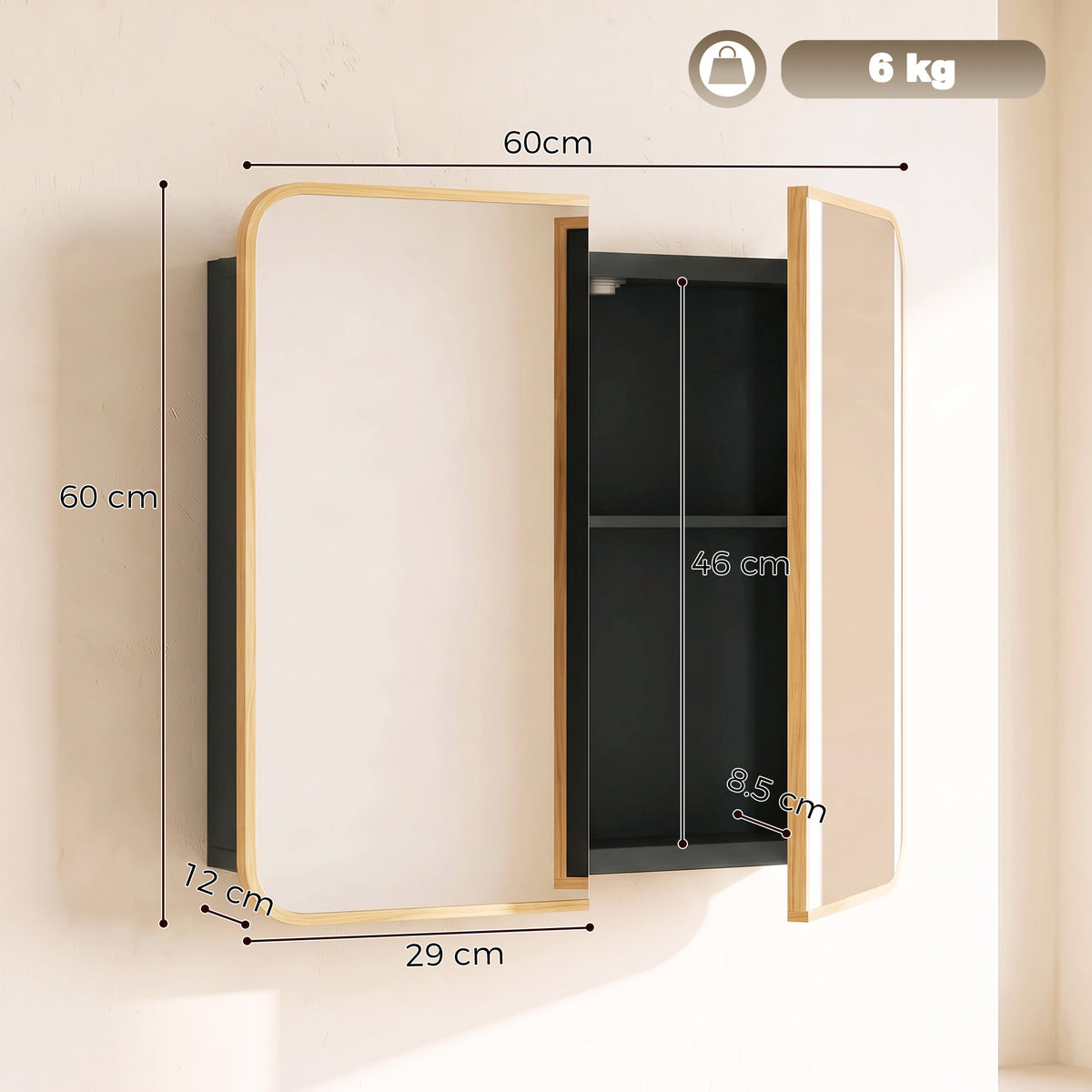 HOMCOM Bathroom Medicine Mirror Cabinet, Bathroom Wall Cabinet with Storage, Magnetic Doors and Adjustable Shelf, Natural