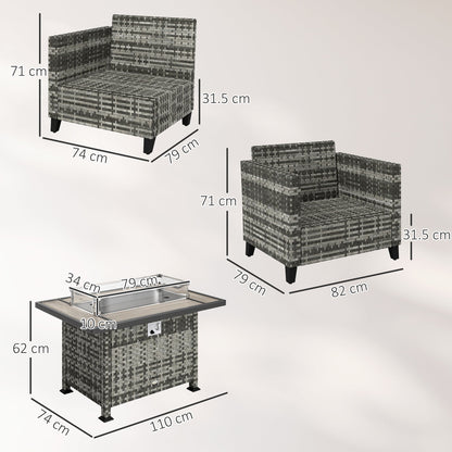 Outsunny 5-Piece Rattan Patio Furniture Set with Gas Fire Pit Table, Loveseat Sofa, Armchairs, Cushions, Pillows, Grey