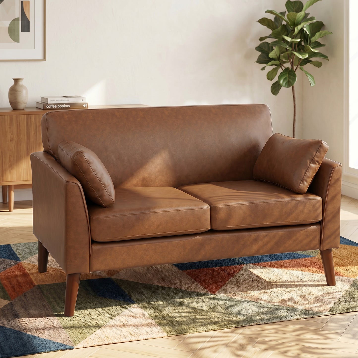 HOMCOM 2 Seater Sofa, 132 cm Modern Small Sofa with Solid Wood Legs and 2 Pillows for Small Space, Brown