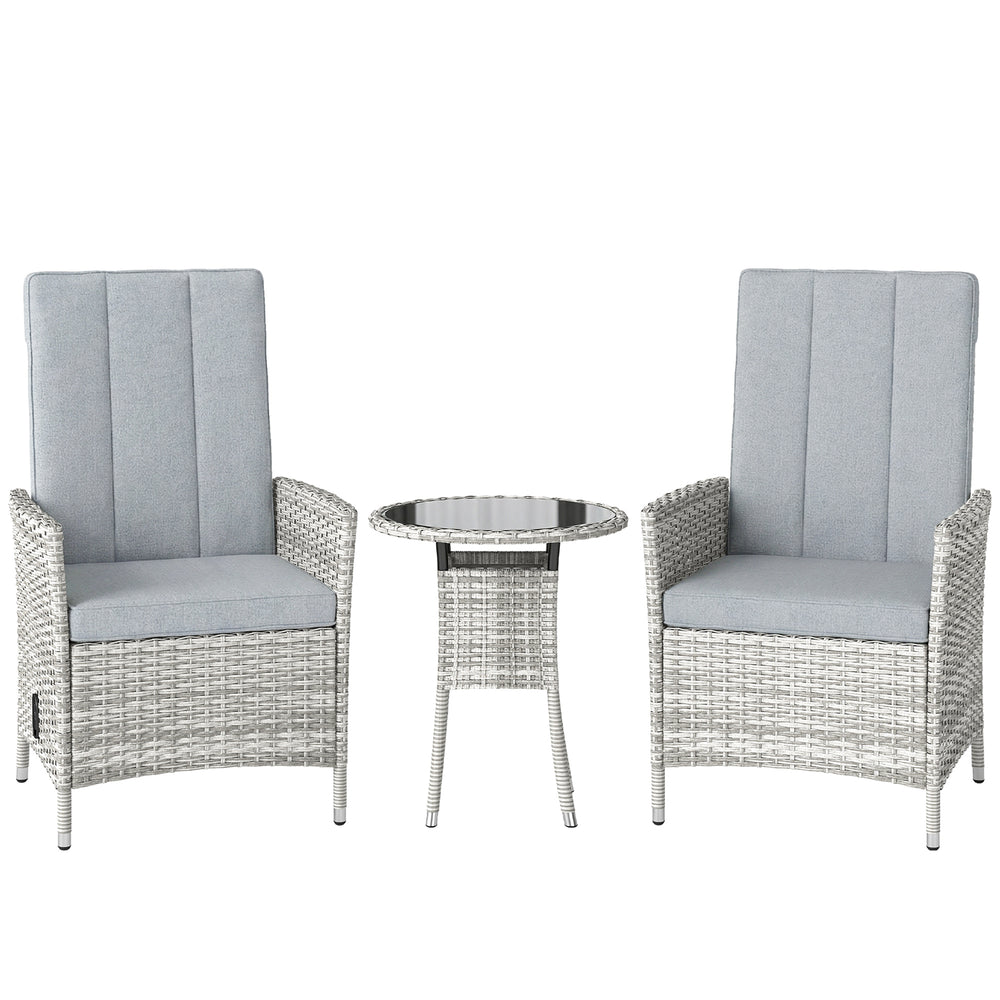 Outsunny Rattan Bistro Set, Reclining Garden Chairs and Glass Coffee Table with Cushions for Patio Balcony Porch, Light Grey
