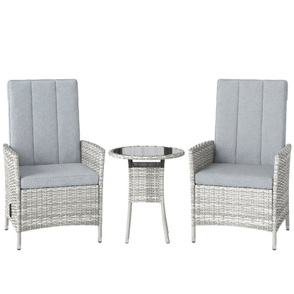 Outsunny Rattan Bistro Set, Reclining Garden Chairs and Glass Coffee Table with Cushions for Patio Balcony Porch, Light Grey