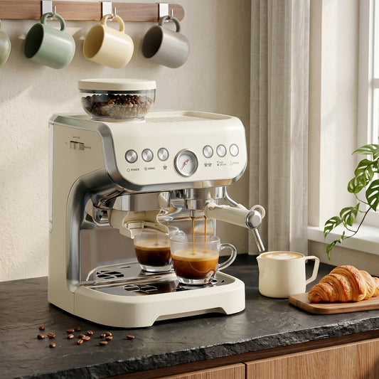 HOMCOM Bean to Cup Coffee Machine, Espresso Machine with Integrated Bean Grinder & Steam Wand, Cream White