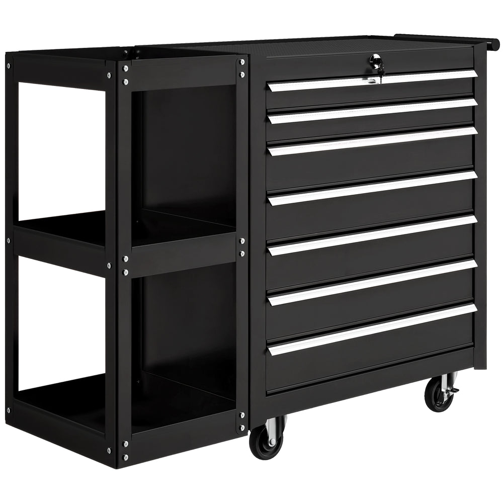 HOMCOM Lockable Steel Tool Chest on Wheels, 7 Drawer Tool Box with Handle for Workshop, Garage, Black