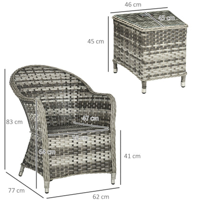 طقم بيسترو من 3 قطع من الروطان من Outsunny، طقم أثاث حديقة من الخيزران، طاولة قهوة وكراسي ذات سطح زجاجي مع وسائد للاستخدام في الهواء الطلق والفناء والشرفة، باللون الرمادي