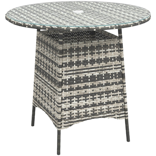 Outsunny Wicker Garden Rattan Table, Patio Furniture Outdoor Coffee Table with Umbrella Hole and Tempered Glass Top, Grey