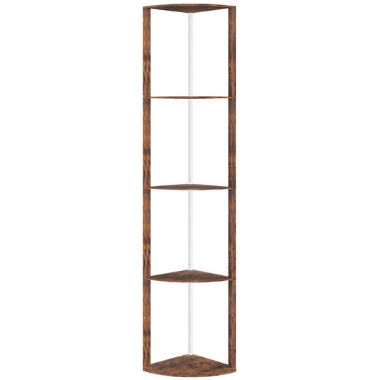 HOMCOM RGB LED Floor Lamp with Shelves, 5-Tier Dimmable Standing Lamp with Adjustable Brightness and Remote Control, Modern Corner Display Shelf Unit for Living Room Bedroom Office, Rustic Brown