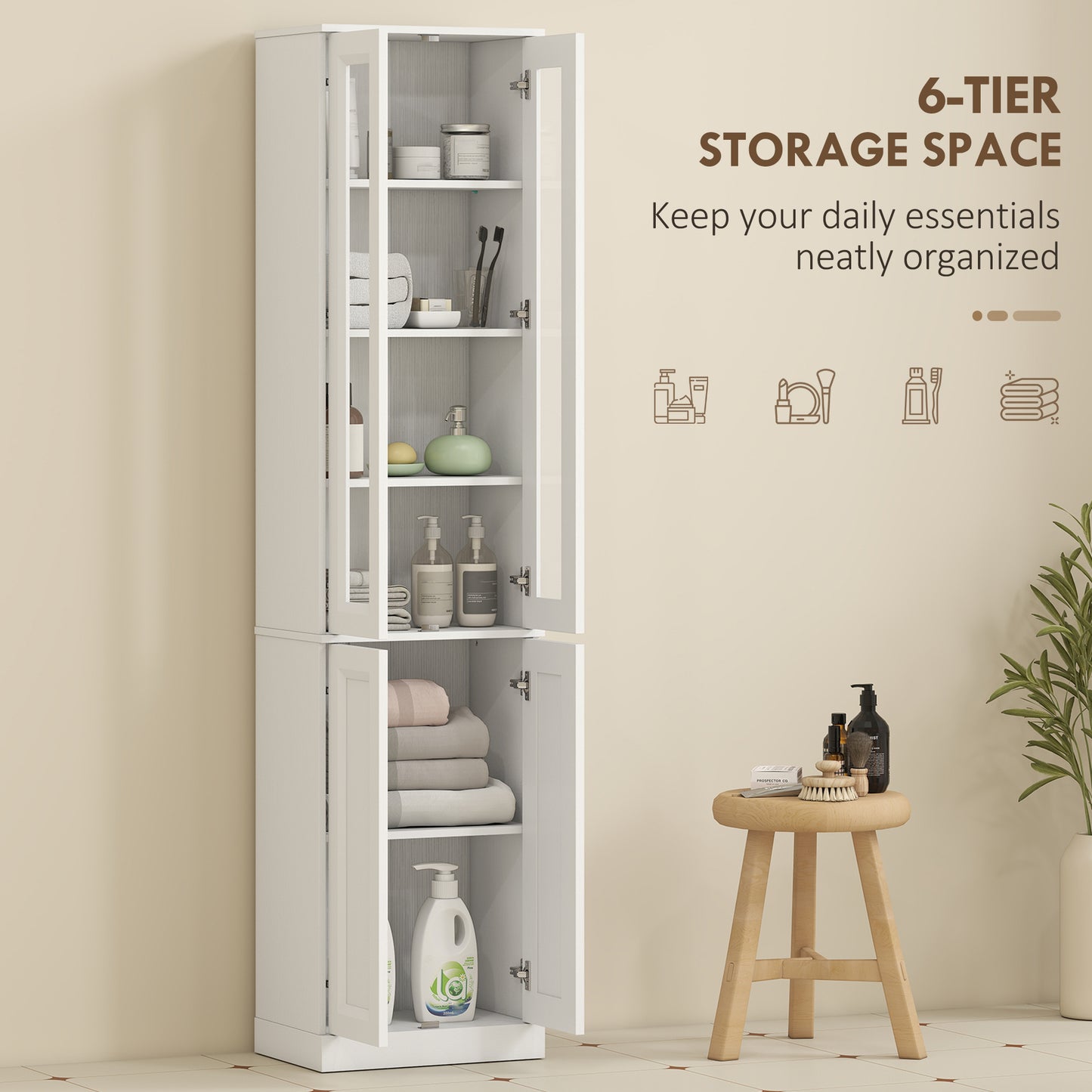 HOMCOM Tall Bathroom Storage Cabinet, 6-Tier Slim Bathroom Cabinet with Adjustable Shelf, 4 Soft-Close Doors, White