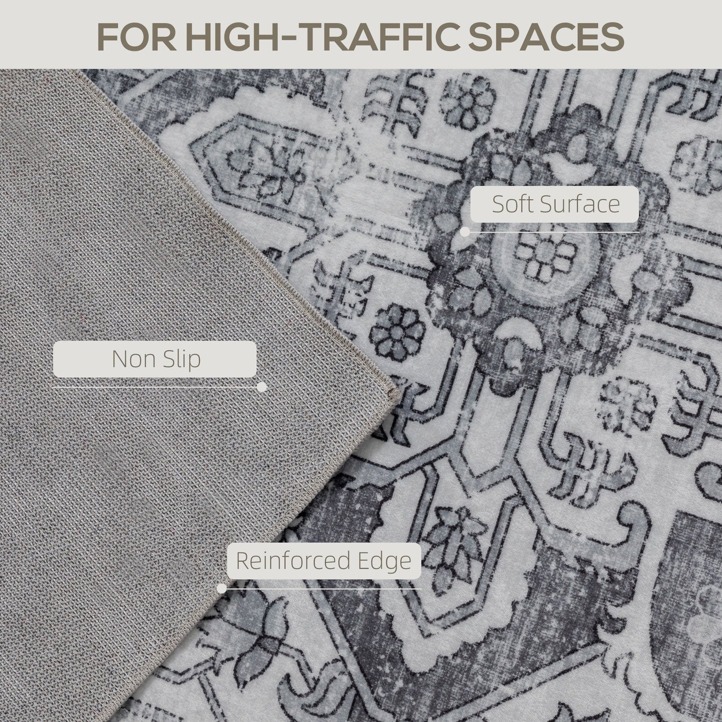 HOMCOM Vintage Area Rug, Non-Slip Washable Rug, Flannel Floor Carpet for Living Room, Bedroom, Dining Room, Home Office, 230 x 160 cm, Grey