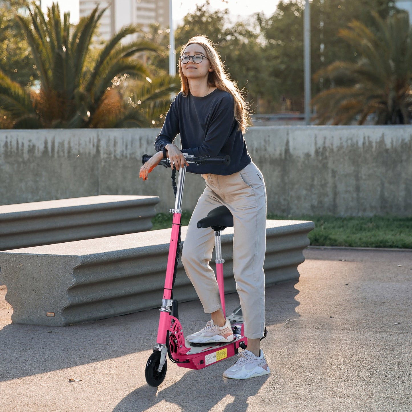 HOMCOM Foldable Powered Scooter with Adjustable Seat, Brake, Pink