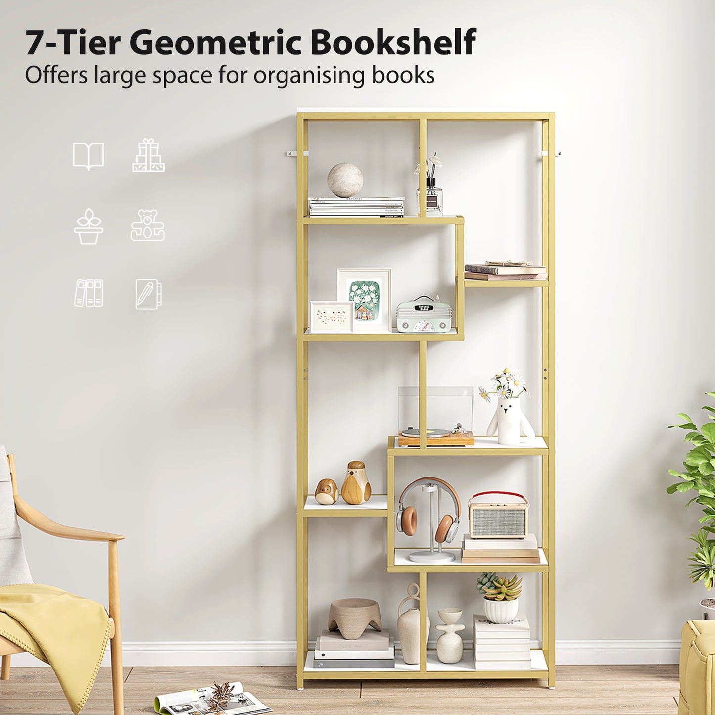 HOMCOM Seven-Tier Geometric Bookcase - White/Gold Tone