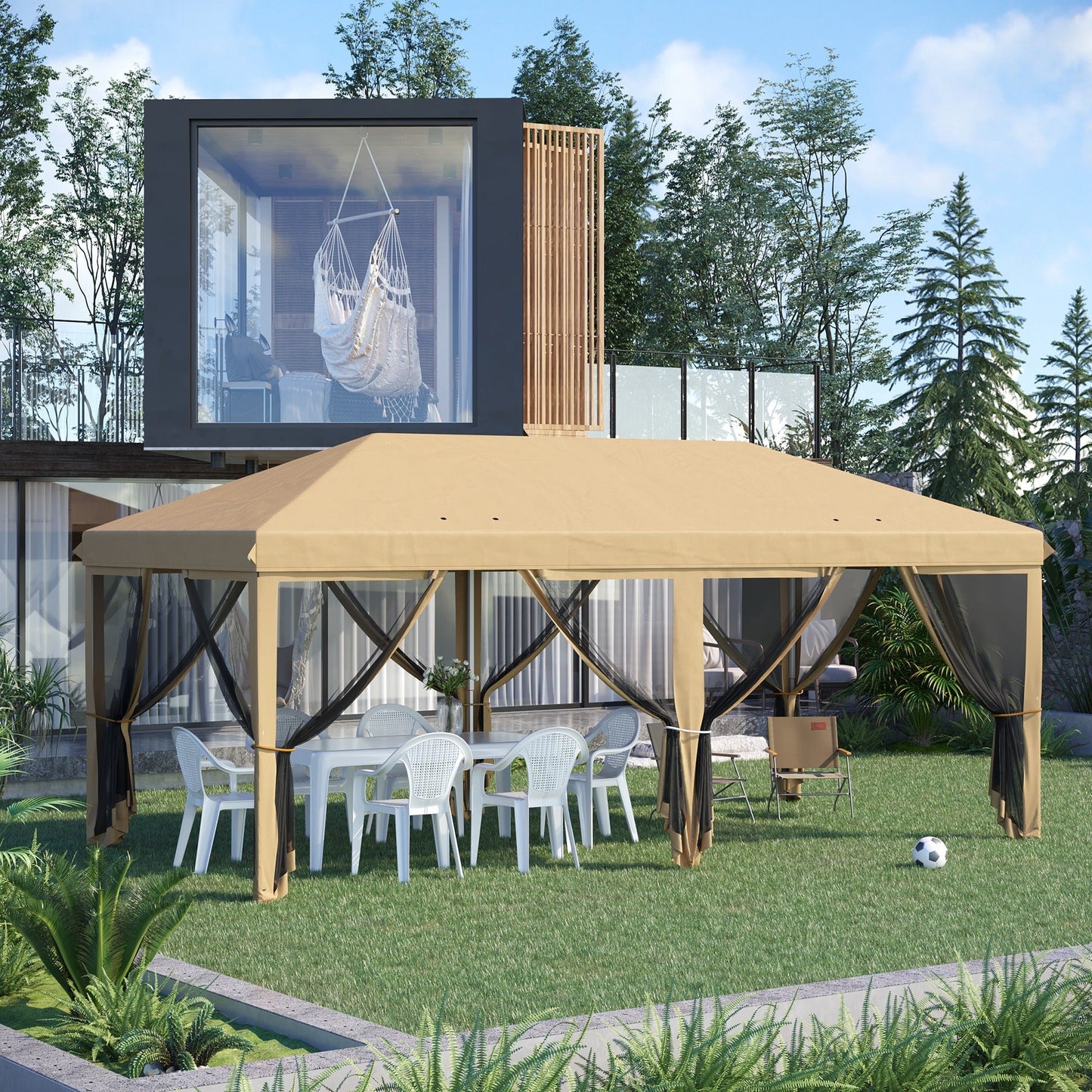 Outsunny 3 x 6m Pop Up Gazebo, Outdoor Canopy Shelter, Marquee Party Wedding Tent with 6 Mesh Walls and Carry Bag, Beige
