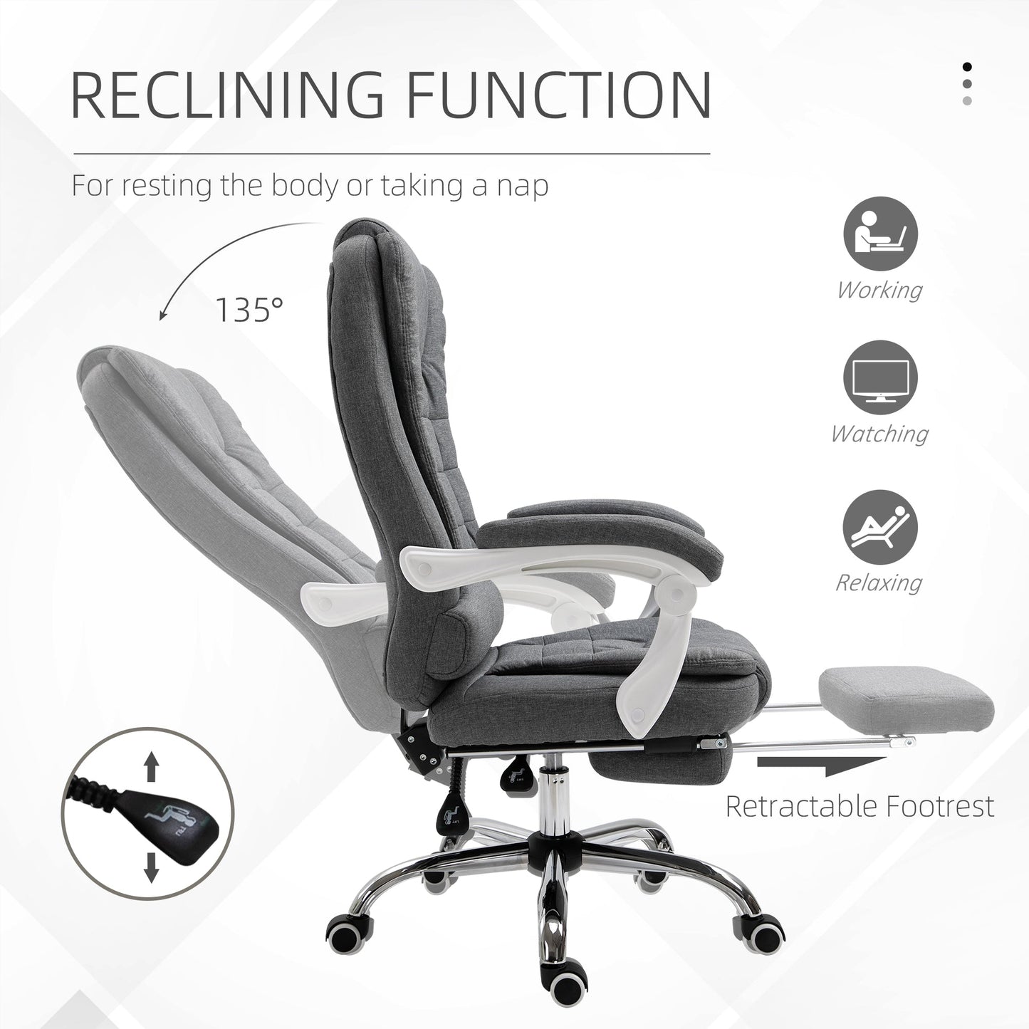 Vinsetto Office Chair with Footrest Computer Swivel Rolling Task Recliner for Home with Retractable Footrest, Arm, Grey